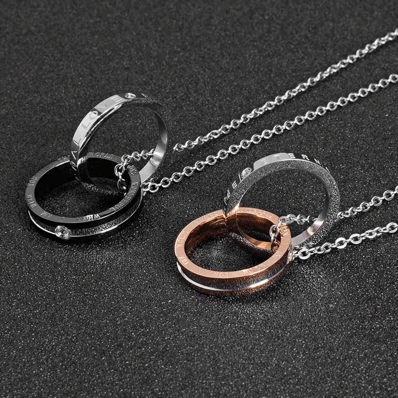 A Unique Double Ring Stainless Steel Pendant Jewelry, Classic Best-Selling Titanium Couple Necklace - Image 8