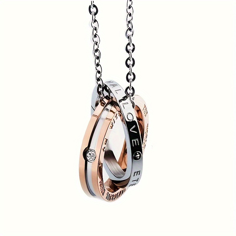 A Unique Double Ring Stainless Steel Pendant Jewelry, Classic Best-Selling Titanium Couple Necklace - Image 5