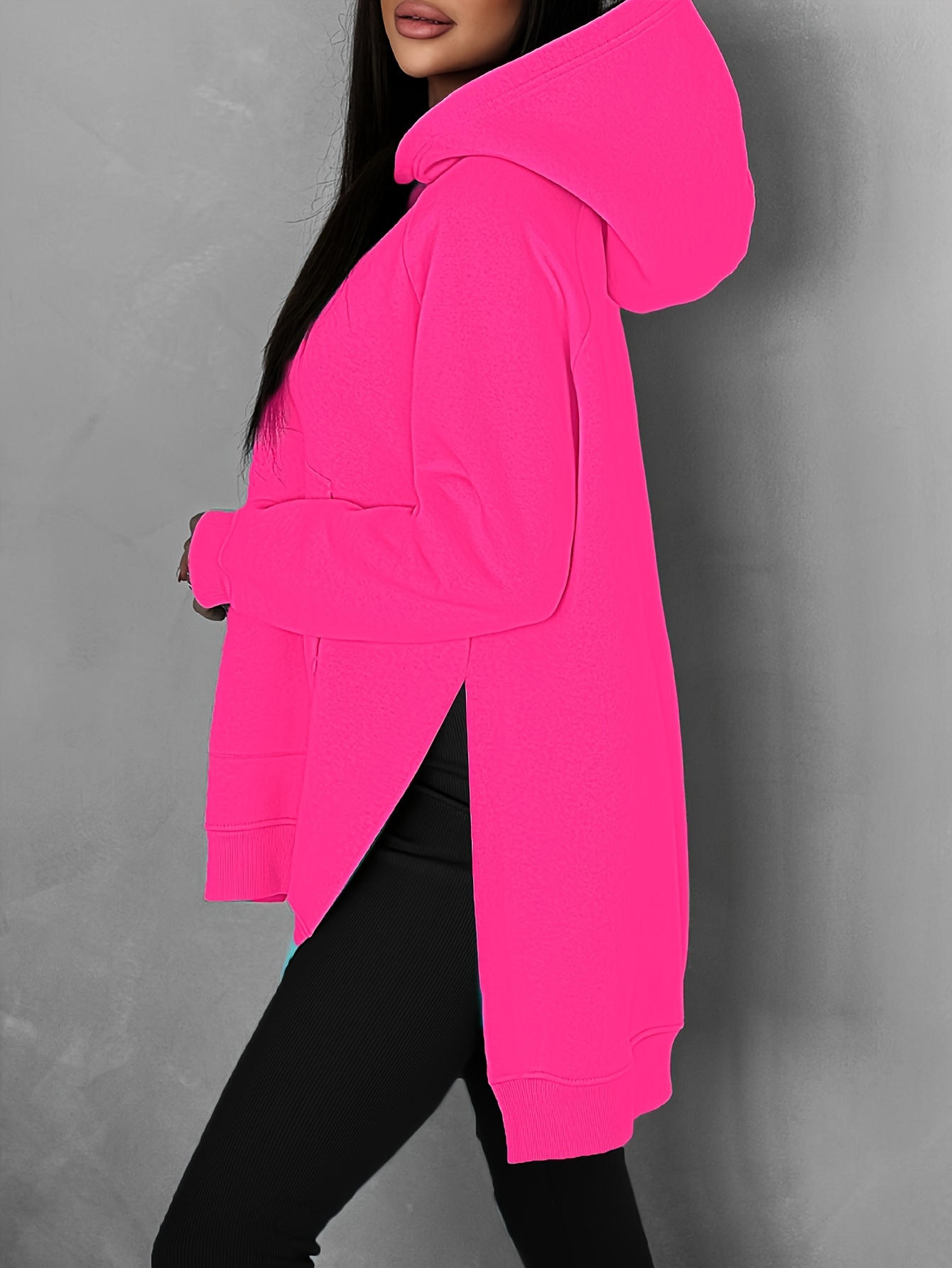 Women'S Fashion Casual Solid Color Loose Hoodie with Side Slit | Raglan Sleeves, Pockets, Placket, Warm Fleece Lining, Suitable for Daily & Casual Wear - Image 5