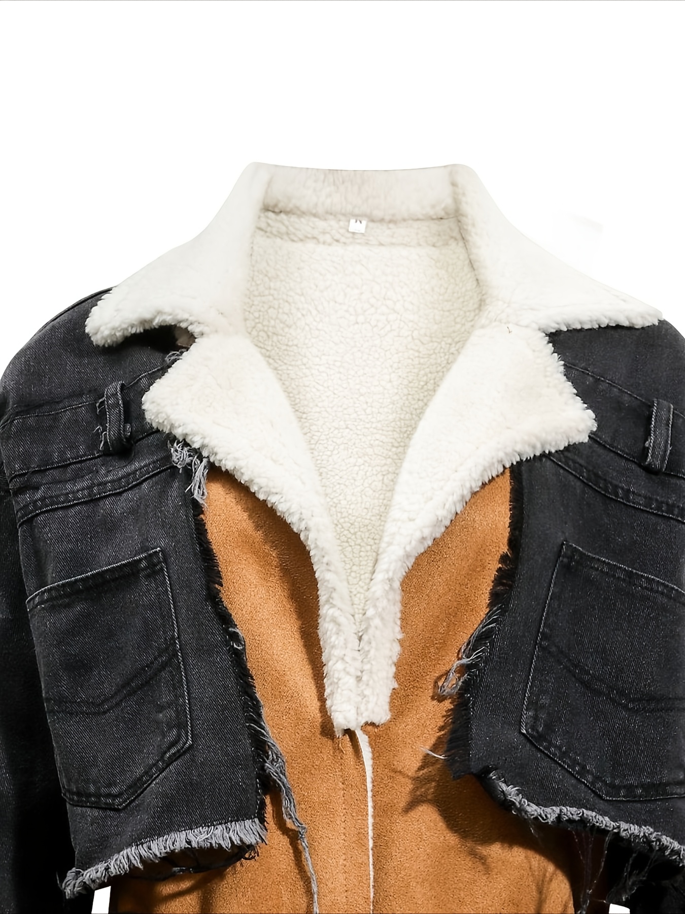 denim splicing jacket winter clothes, large lapel neck long thickened clothes. - Image 3