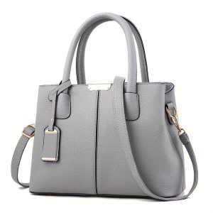 Large Capacity Gray PU Tote Bag - Stylish Versatile Shoulder & Bag with Adjustable Straps, Zip Closure, and Polyester Lining