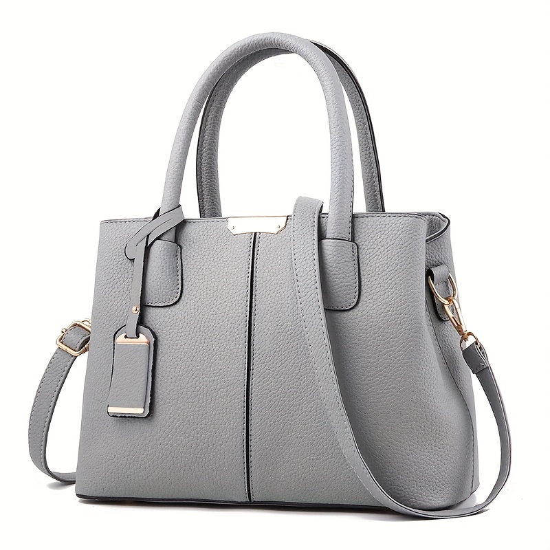Large Capacity Gray PU Tote Bag - Stylish Versatile Shoulder & Bag with Adjustable Straps, Zip Closure, and Polyester Lining