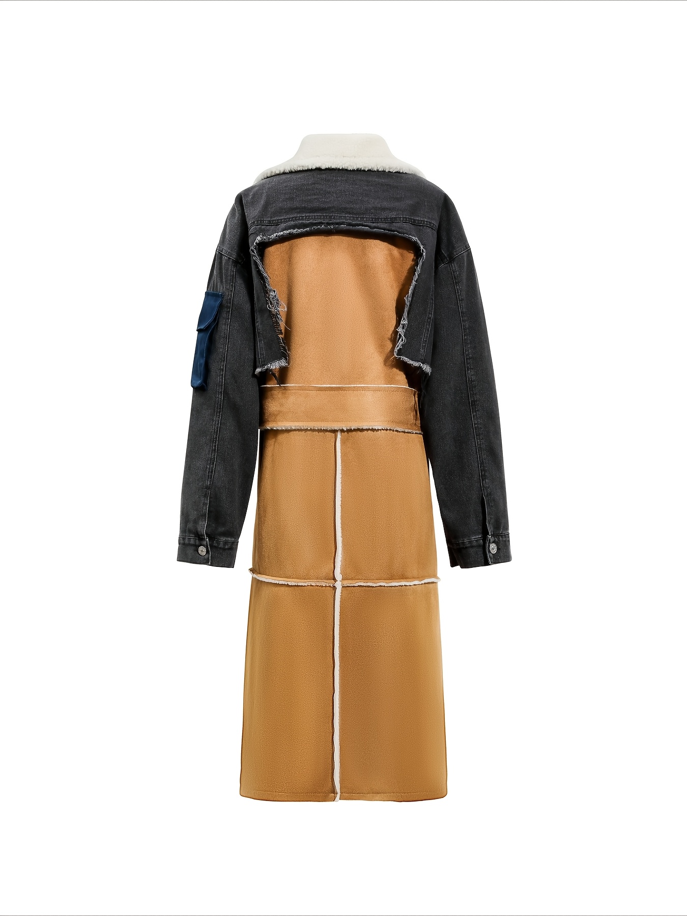 denim splicing jacket winter clothes, large lapel neck long thickened clothes. - Image 2