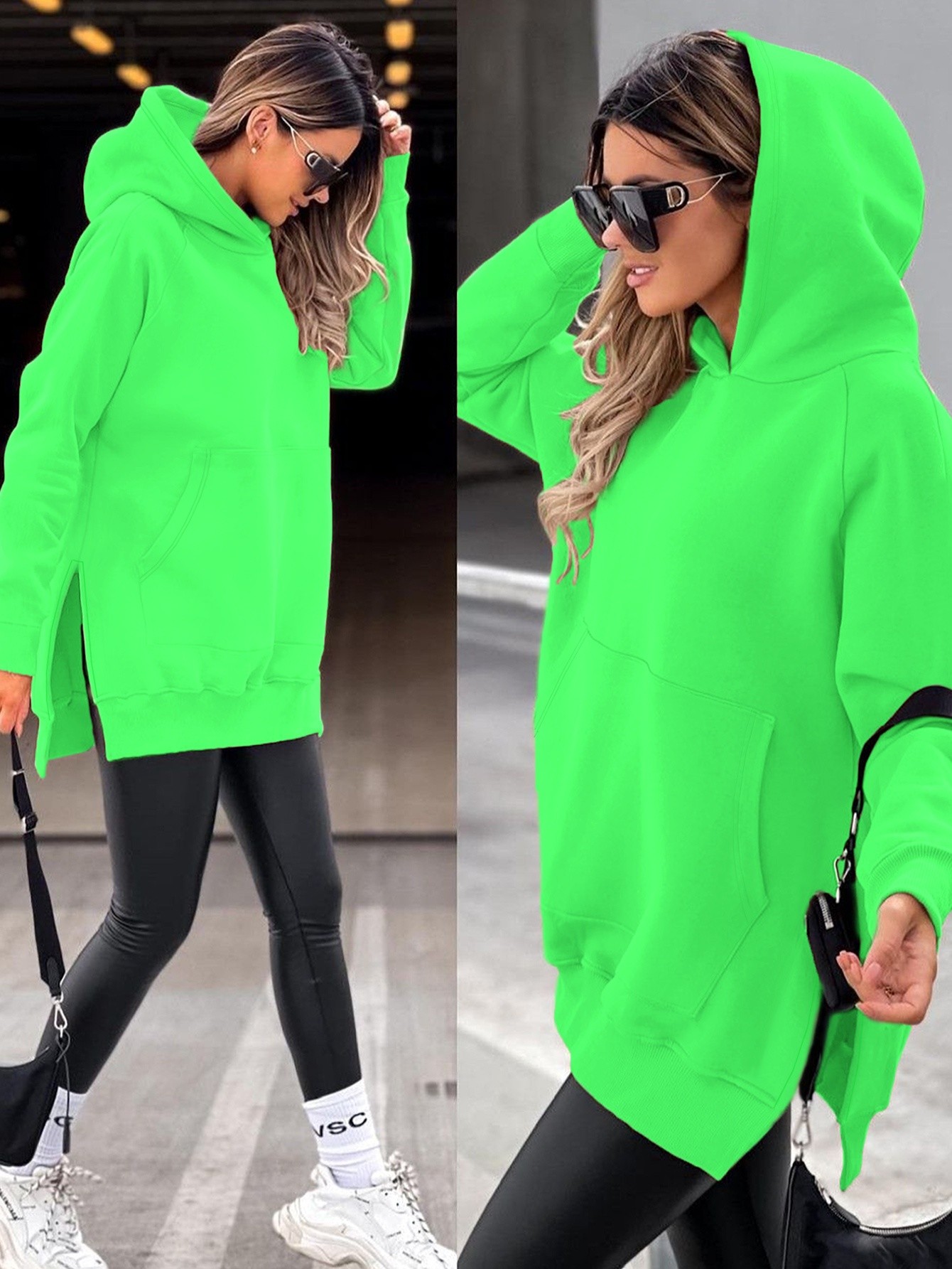 Autumn And Winter Women'S Fashionable Casual Solid Color Hoodie with Side Slits, Featuring Long Sleeves with Pockets And Raglan Sleeves, Warm Fleece Lining, Stylish And Versatile, Suitable for Everyday Casual Wear A10291-1. - Image 2