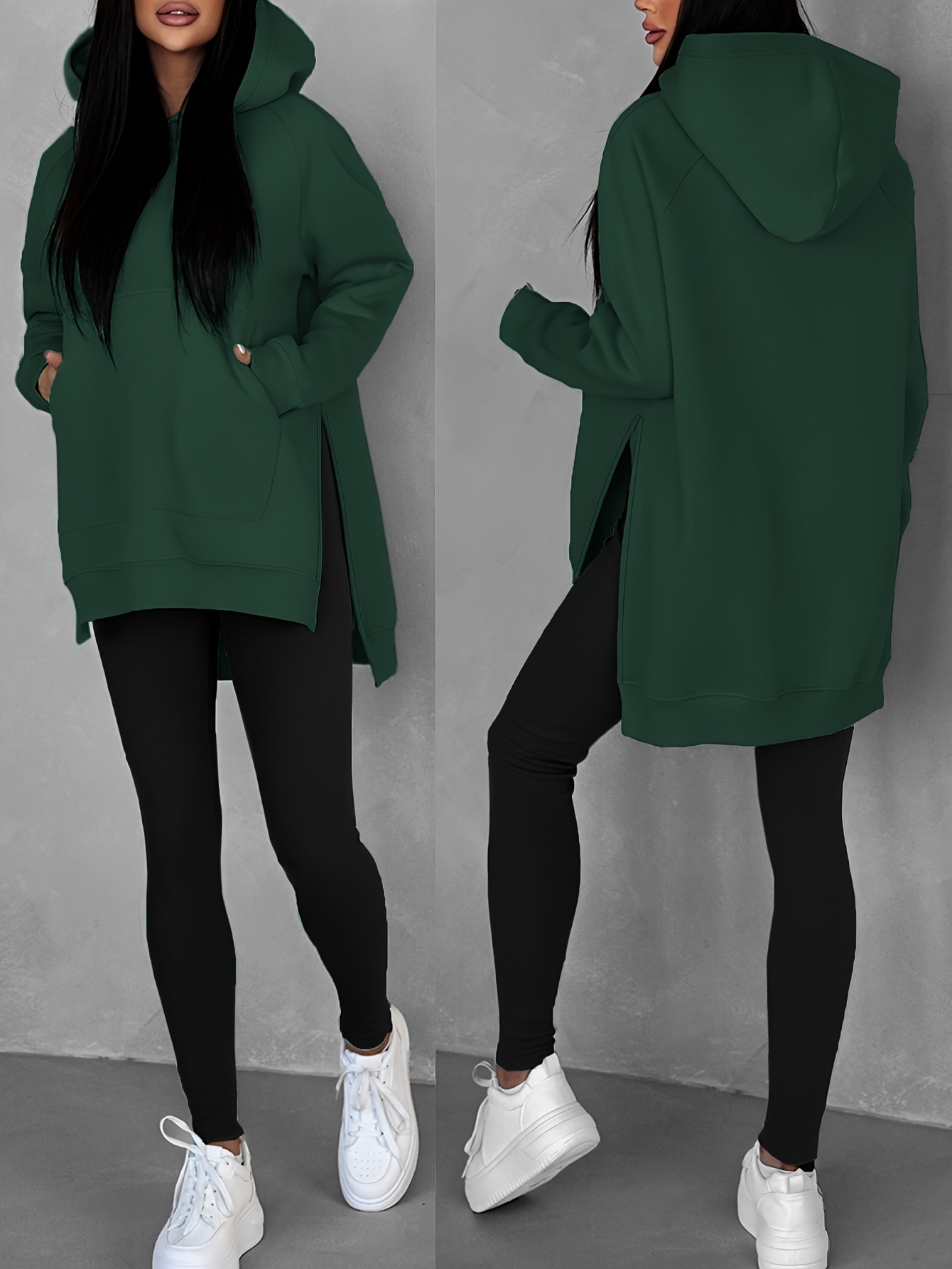 Autumn And Winter Women'S Fashionable Casual Solid Color Hoodie with Side Slits, Featuring Long Sleeves with Pockets And Raglan Sleeves, Warm Fleece Lining, Stylish And Versatile, Suitable for Everyday Casual Wear A10291-1. - Image 6