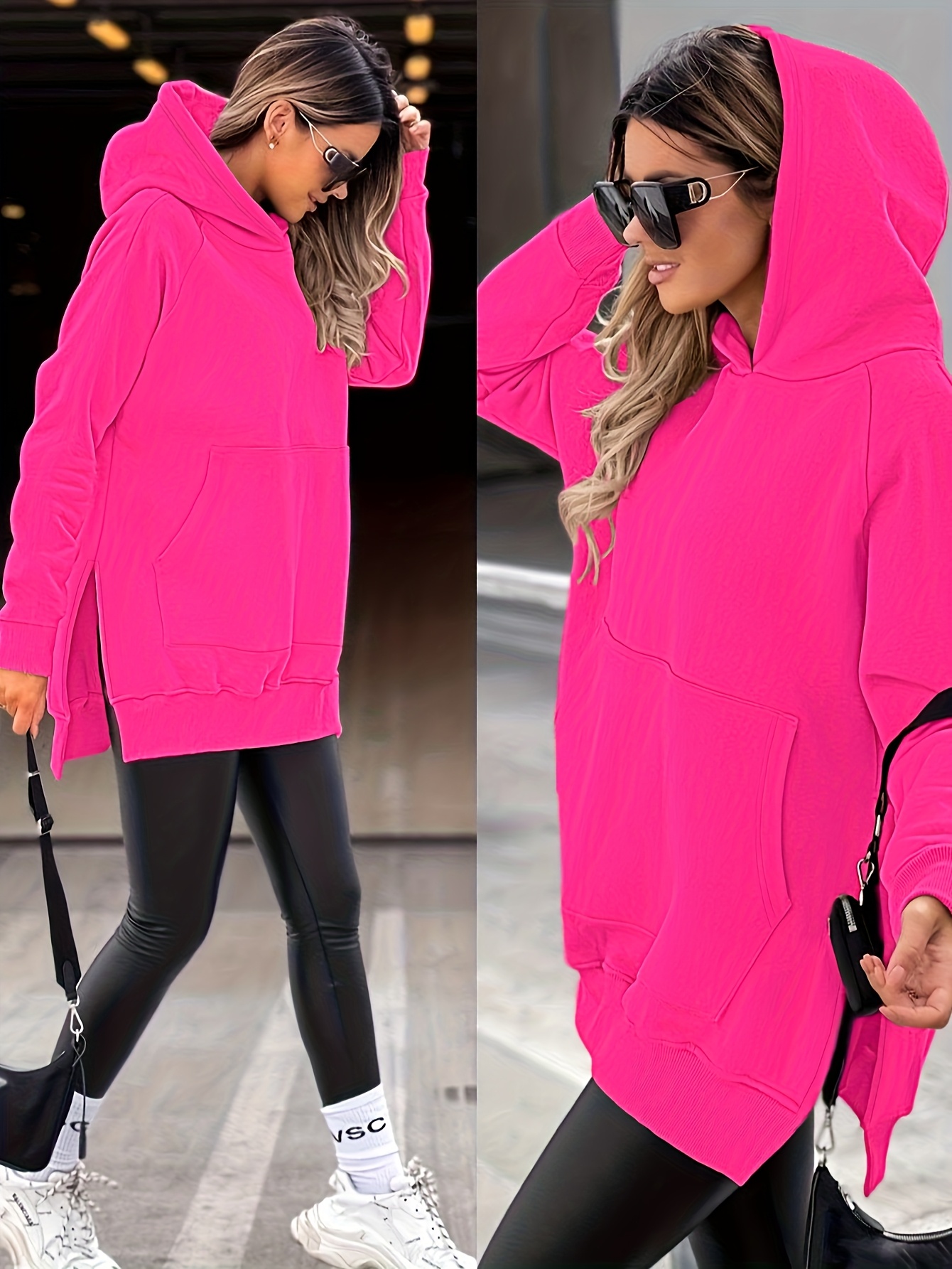 Women'S Fashion Casual Solid Color Loose Hoodie with Side Slit | Raglan Sleeves, Pockets, Placket, Warm Fleece Lining, Suitable for Daily & Casual Wear - Image 2