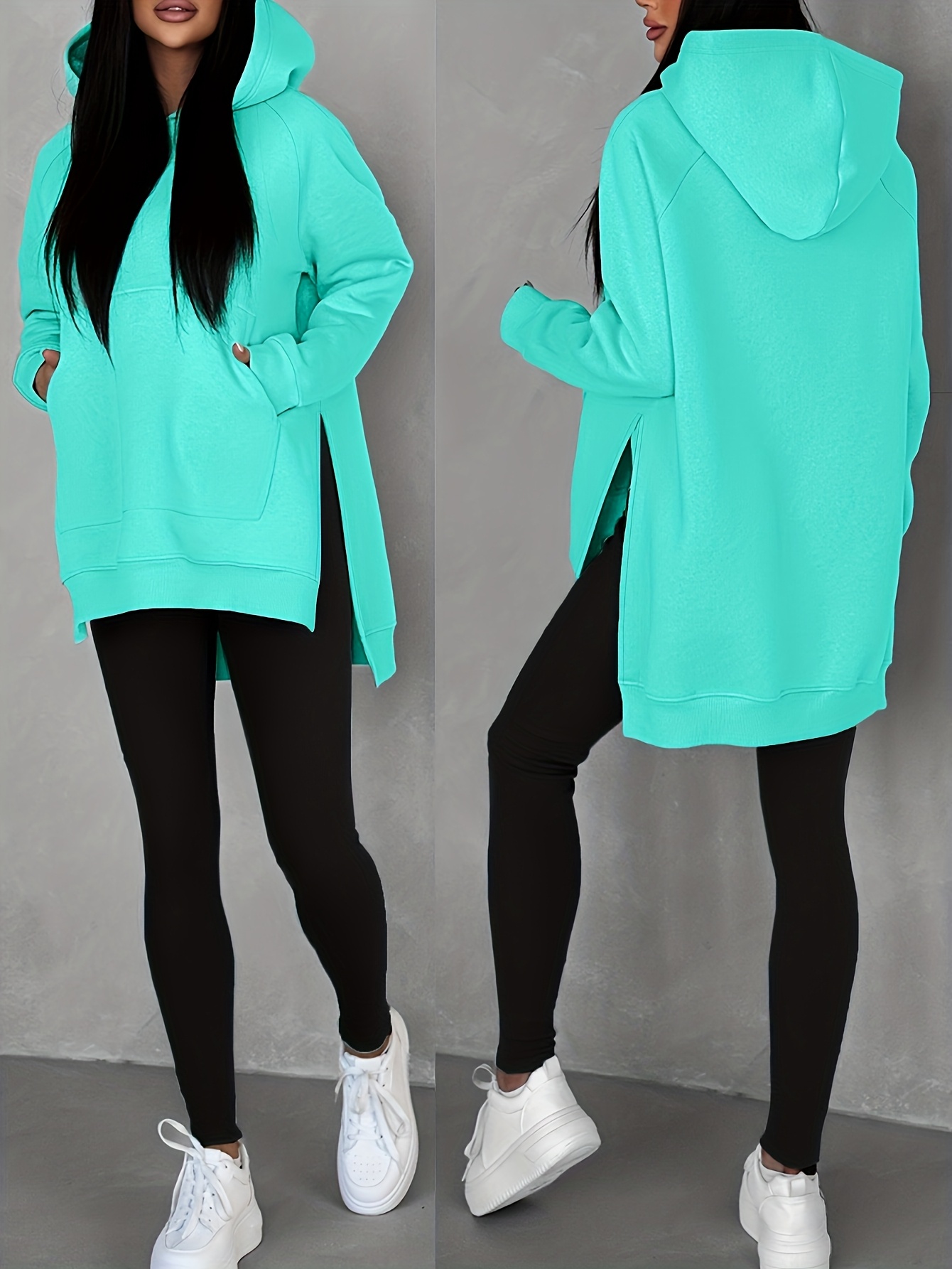 Women'S Fashion Casual Solid Color Loose Hoodie with Side Slit | Raglan Sleeves, Pockets, Placket, Warm Fleece Lining, Suitable for Daily & Casual Wear - Image 6