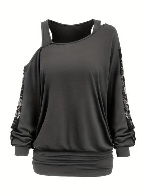 [Mock Two-Piece Winter Top] Black Off-Shoulder Blouse | Contrast Lace Panel Mock Two-Piece, Long Sleeve Loose Fit Winter Top with Collar-like Lace Trim, Machine Washable Casual & Formal Layering Piece (No Dry Clean)