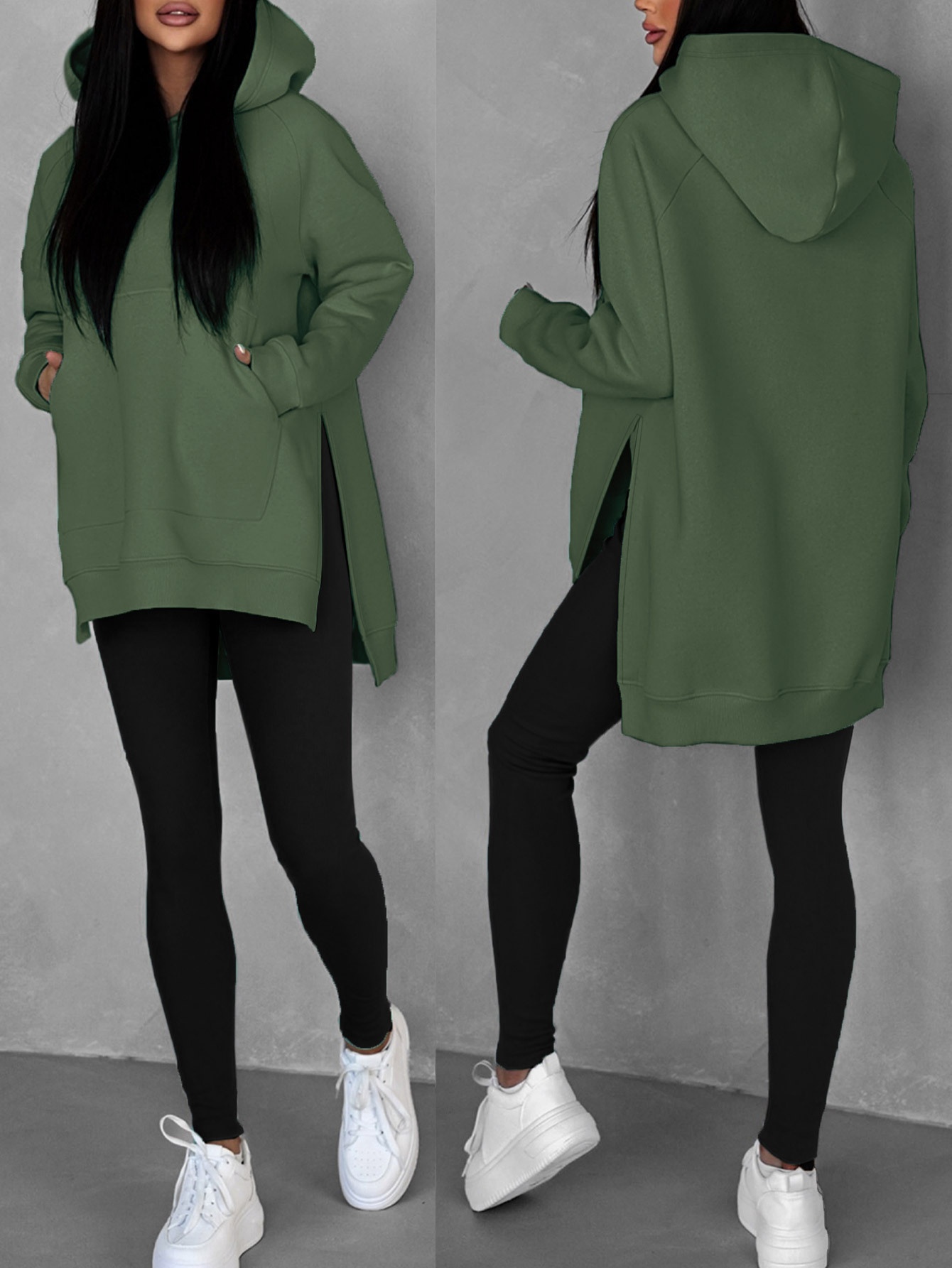 Autumn And Winter Women'S Fashionable Casual Solid Color Hoodie with Side Slits, Featuring Long Sleeves with Pockets And Raglan Sleeves, Warm Fleece Lining, Stylish And Versatile, Suitable for Everyday Casual Wear A10291-1. - Image 3