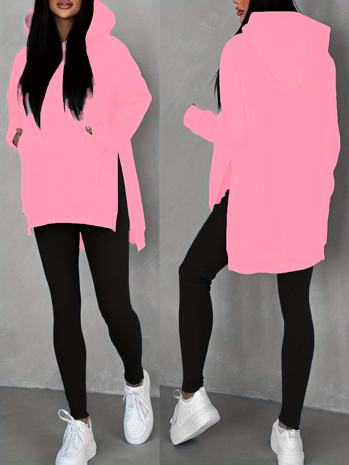 Autumn And Winter Women'S Fashionable Casual Solid Color Hoodie with Side Slits, Featuring Long Sleeves with Pockets And Raglan Sleeves, Warm Fleece Lining, Stylish And Versatile, Suitable for Everyday Casual Wear A10291-1. - Image 7