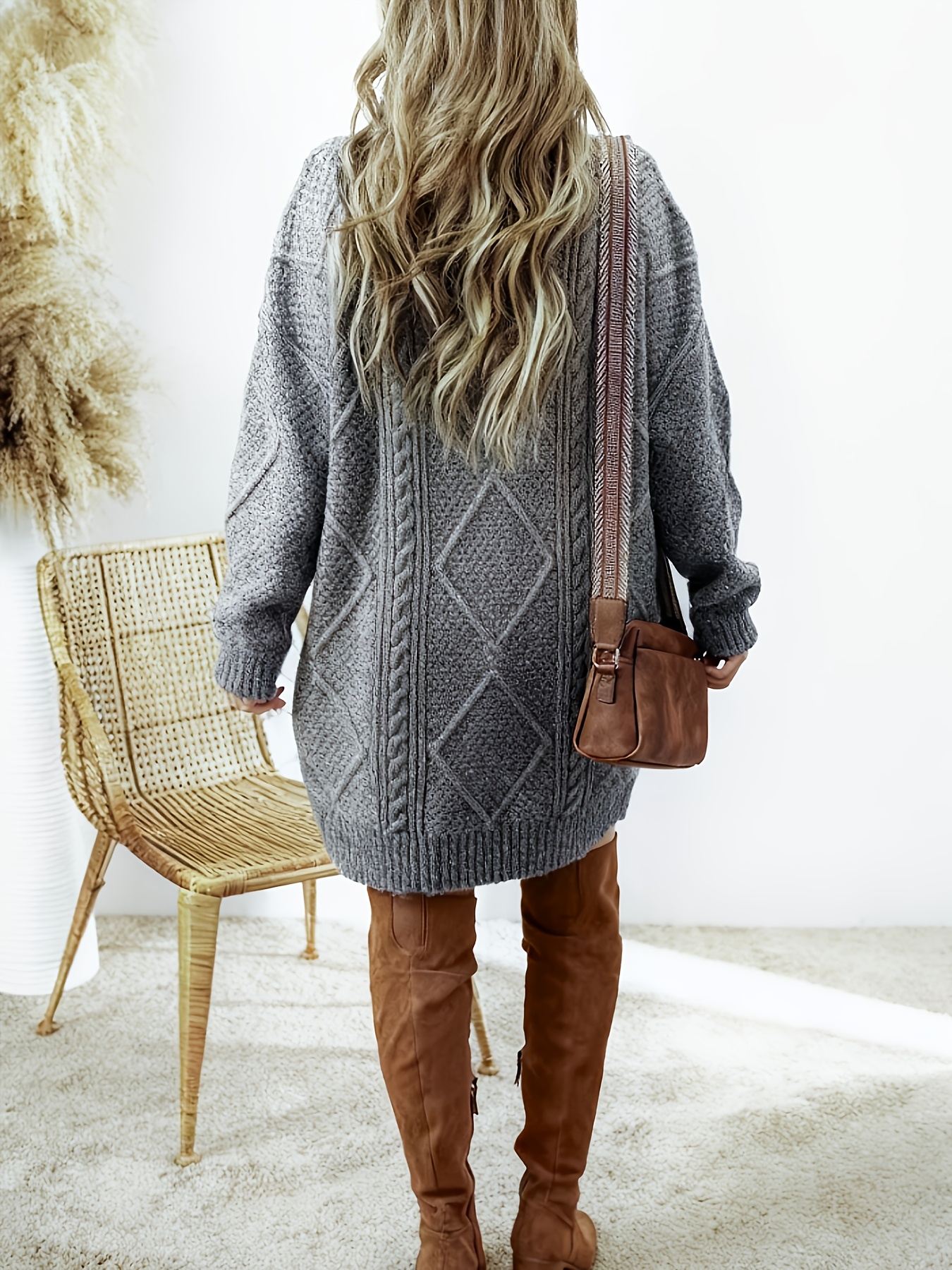 Women's Elegant Maxi Dress - Winter Long Sleeve Round Neck Solid Color Loose Fit Dress, -Length Formal & Wedding Guest Gown, Autumn Winter Wedding Dress - Image 9