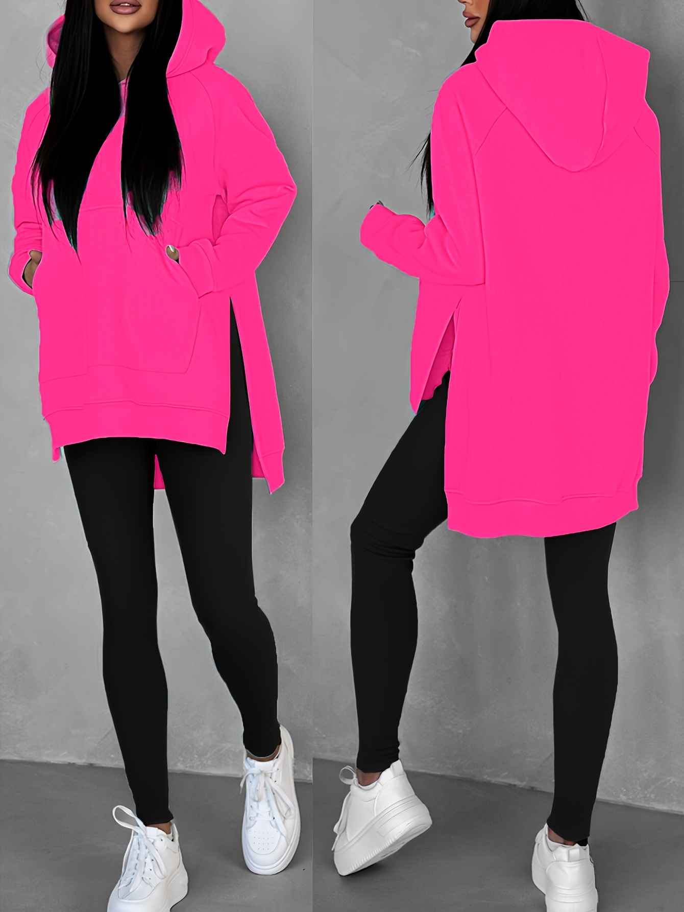 Women'S Fashion Casual Solid Color Loose Hoodie with Side Slit | Raglan Sleeves, Pockets, Placket, Warm Fleece Lining, Suitable for Daily & Casual Wear - Image 8