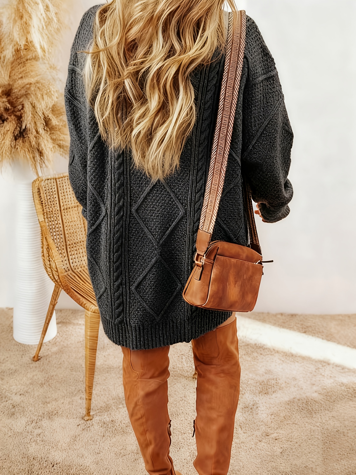 Women's Elegant Maxi Dress - Winter Long Sleeve Round Neck Solid Color Loose Fit Dress, -Length Formal & Wedding Guest Gown, Autumn Winter Wedding Dress - Image 7