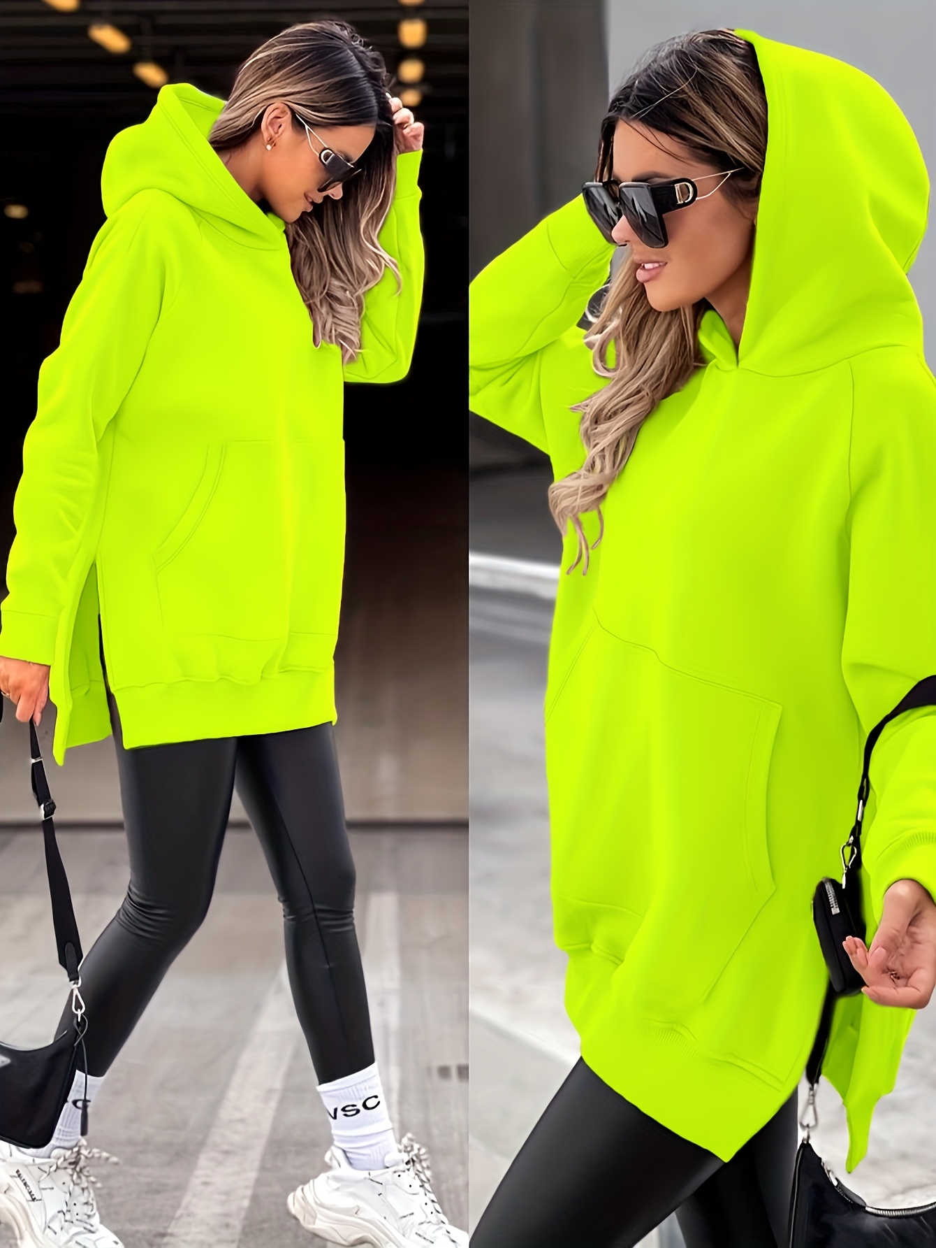 Women'S Fashion Casual Solid Color Loose Hoodie with Side Slit | Raglan Sleeves, Pockets, Placket, Warm Fleece Lining, Suitable for Daily & Casual Wear - Image 7