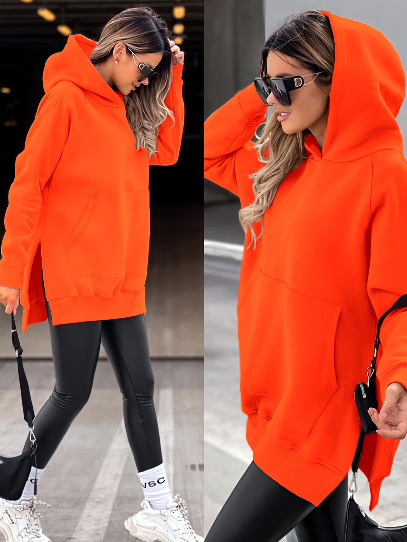 Autumn And Winter Women'S Fashionable Casual Solid Color Hoodie with Side Slits, Featuring Long Sleeves with Pockets And Raglan Sleeves, Warm Fleece Lining, Stylish And Versatile, Suitable for Everyday Casual Wear A10291-1. - Image 4
