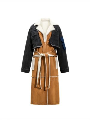 denim splicing jacket winter clothes, large lapel neck long thickened clothes.