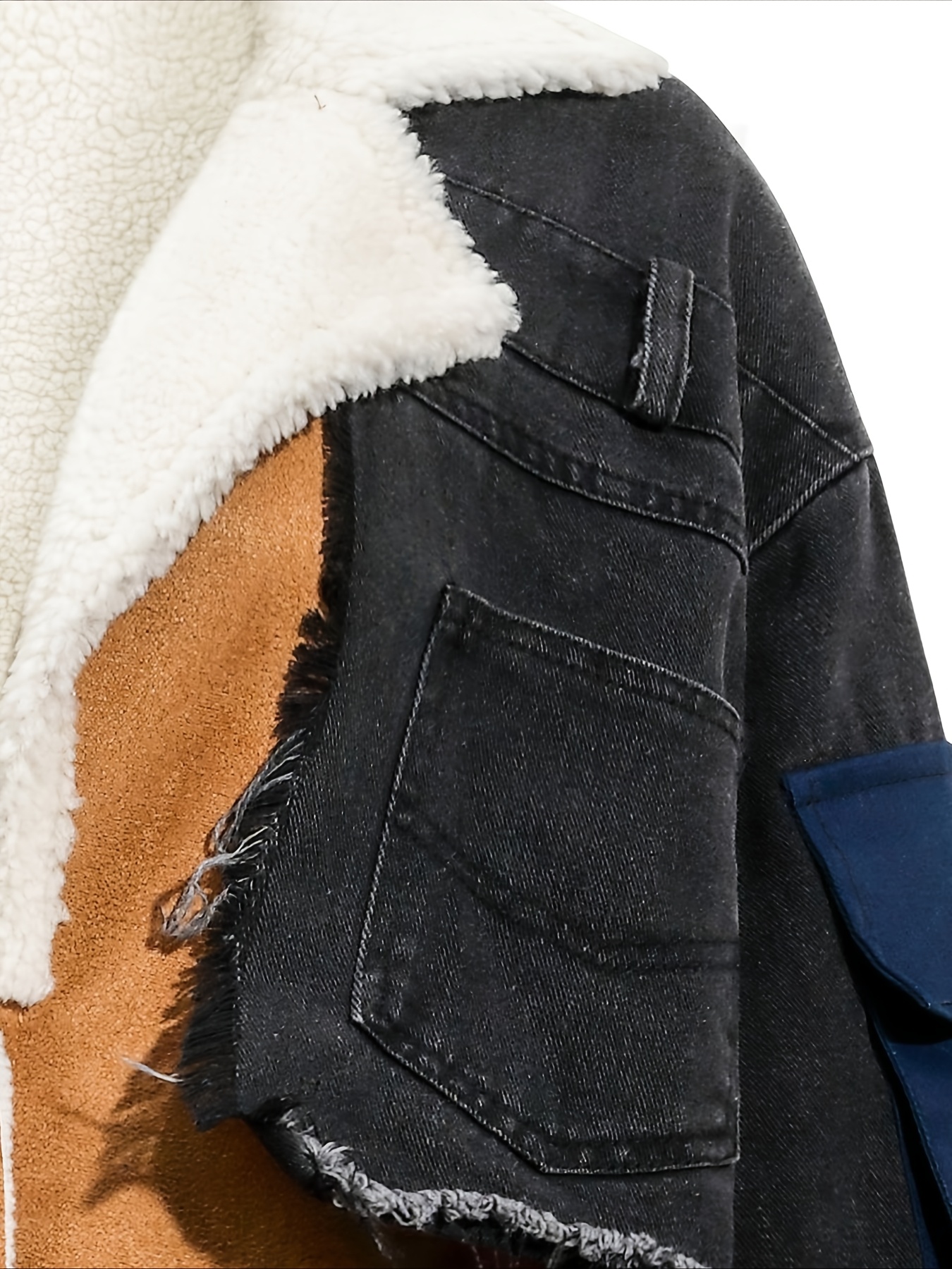 denim splicing jacket winter clothes, large lapel neck long thickened clothes. - Image 4