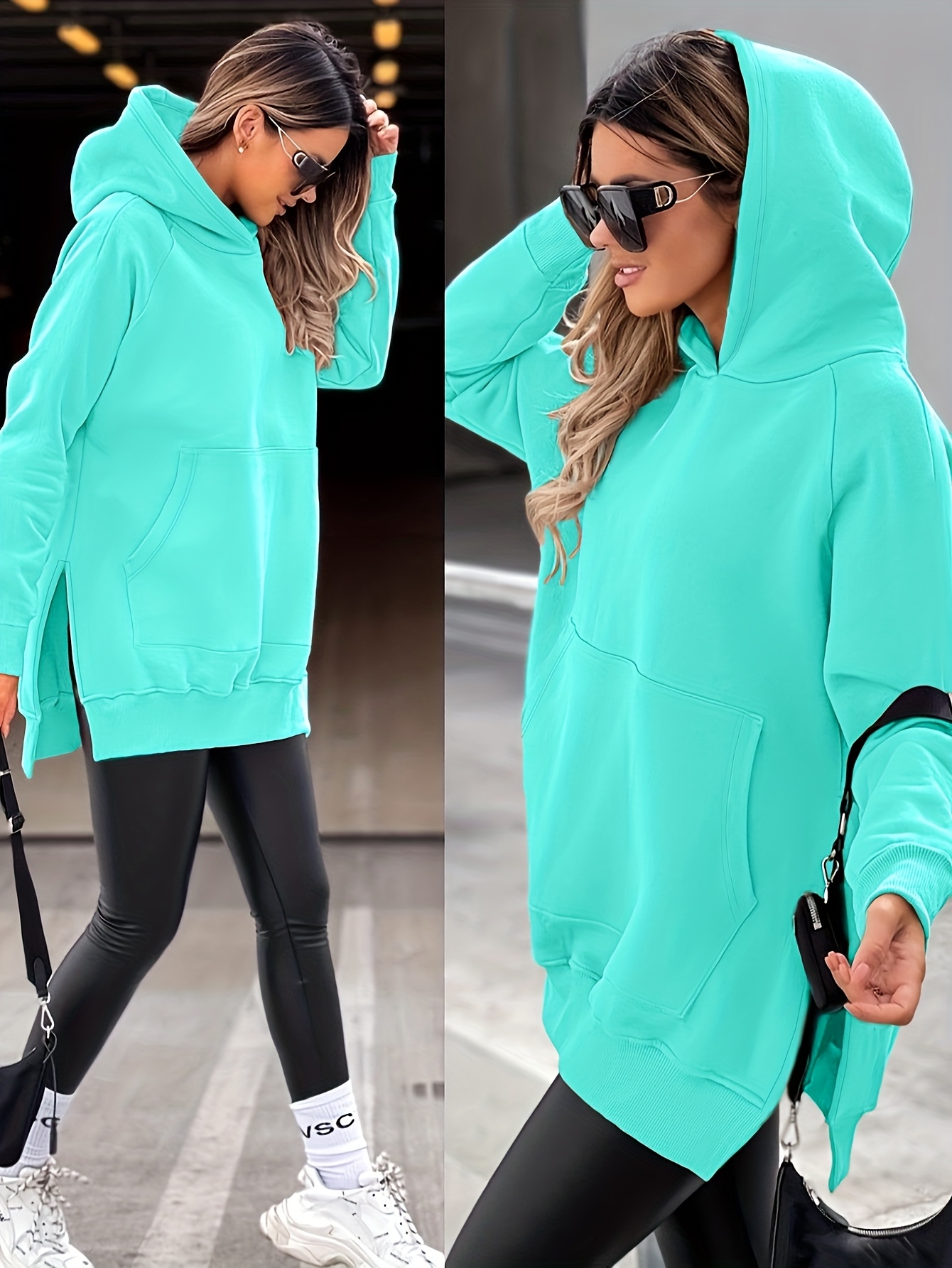 Women'S Fashion Casual Solid Color Loose Hoodie with Side Slit | Raglan Sleeves, Pockets, Placket, Warm Fleece Lining, Suitable for Daily & Casual Wear - Image 3