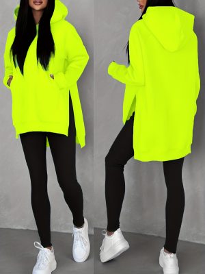 Women'S Fashion Casual Solid Color Loose Hoodie with Side Slit | Raglan Sleeves, Pockets, Placket, Warm Fleece Lining, Suitable for Daily & Casual Wear