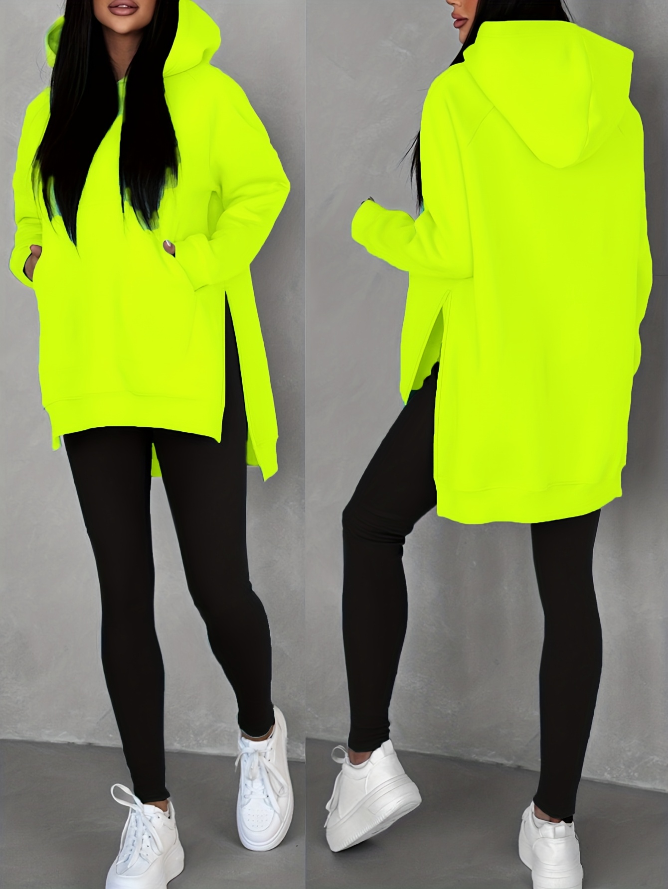 Women'S Fashion Casual Solid Color Loose Hoodie with Side Slit | Raglan Sleeves, Pockets, Placket, Warm Fleece Lining, Suitable for Daily & Casual Wear