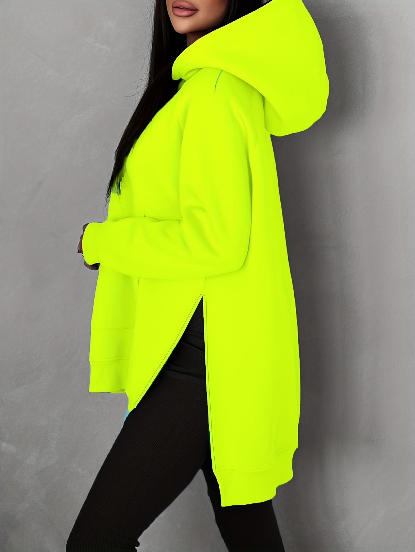 Women'S Fashion Casual Solid Color Loose Hoodie with Side Slit | Raglan Sleeves, Pockets, Placket, Warm Fleece Lining, Suitable for Daily & Casual Wear - Image 4