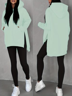 Autumn And Winter Women'S Fashionable Casual Solid Color Hoodie with Side Slits, Featuring Long Sleeves with Pockets And Raglan Sleeves, Warm Fleece Lining, Stylish And Versatile, Suitable for Everyday Casual Wear A10291-1.