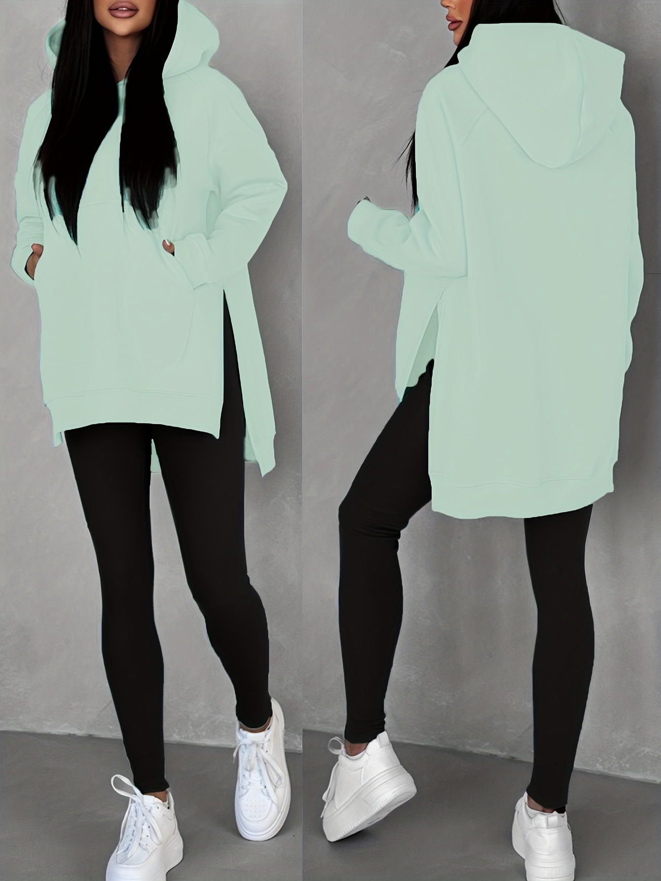 Autumn And Winter Women'S Fashionable Casual Solid Color Hoodie with Side Slits, Featuring Long Sleeves with Pockets And Raglan Sleeves, Warm Fleece Lining, Stylish And Versatile, Suitable for Everyday Casual Wear A10291-1.