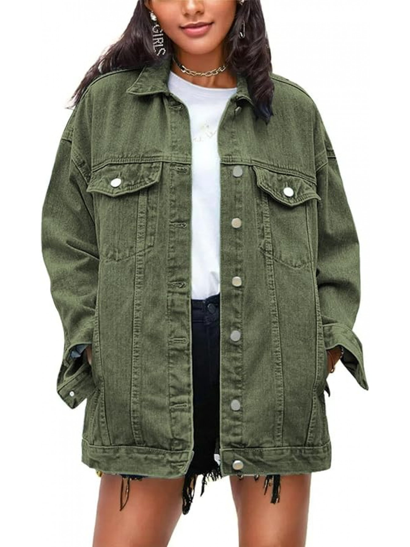 Omoone Women's Oversized Oversized Denim Jacket - Heavyweight Jean Biker Coat, Longline Jacket with Front Button Closure, Two Chest Pockets & Cuffs - Beige/ Brown/Black/Blue/Gray/ - Plus Size Friendly Casual Outerwear for Everyday & Formal Outfits - Spring/Fall Layering Essential - Image 4