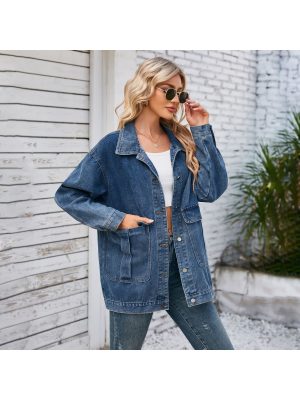 Women'S Oversized Denim Jacket | Collared Button Jean Jacket with Patch Pockets for Casual & Trendy Layering, Single Breasted, Regular Fit, Long Sleeve.