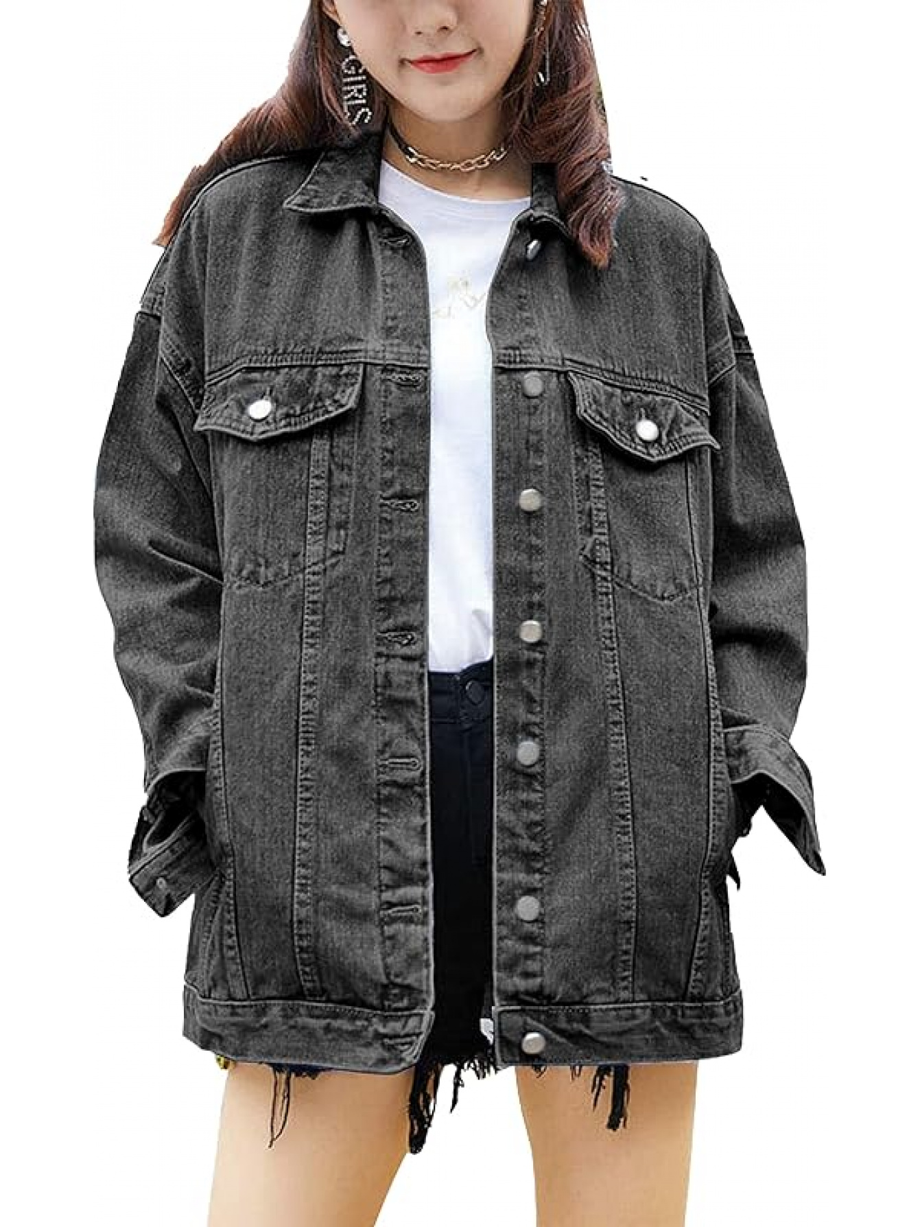 Omoone Women's Oversized Oversized Denim Jacket - Heavyweight Jean Biker Coat, Longline Jacket with Front Button Closure, Two Chest Pockets & Cuffs - Beige/ Brown/Black/Blue/Gray/ - Plus Size Friendly Casual Outerwear for Everyday & Formal Outfits - Spring/Fall Layering Essential - Image 8