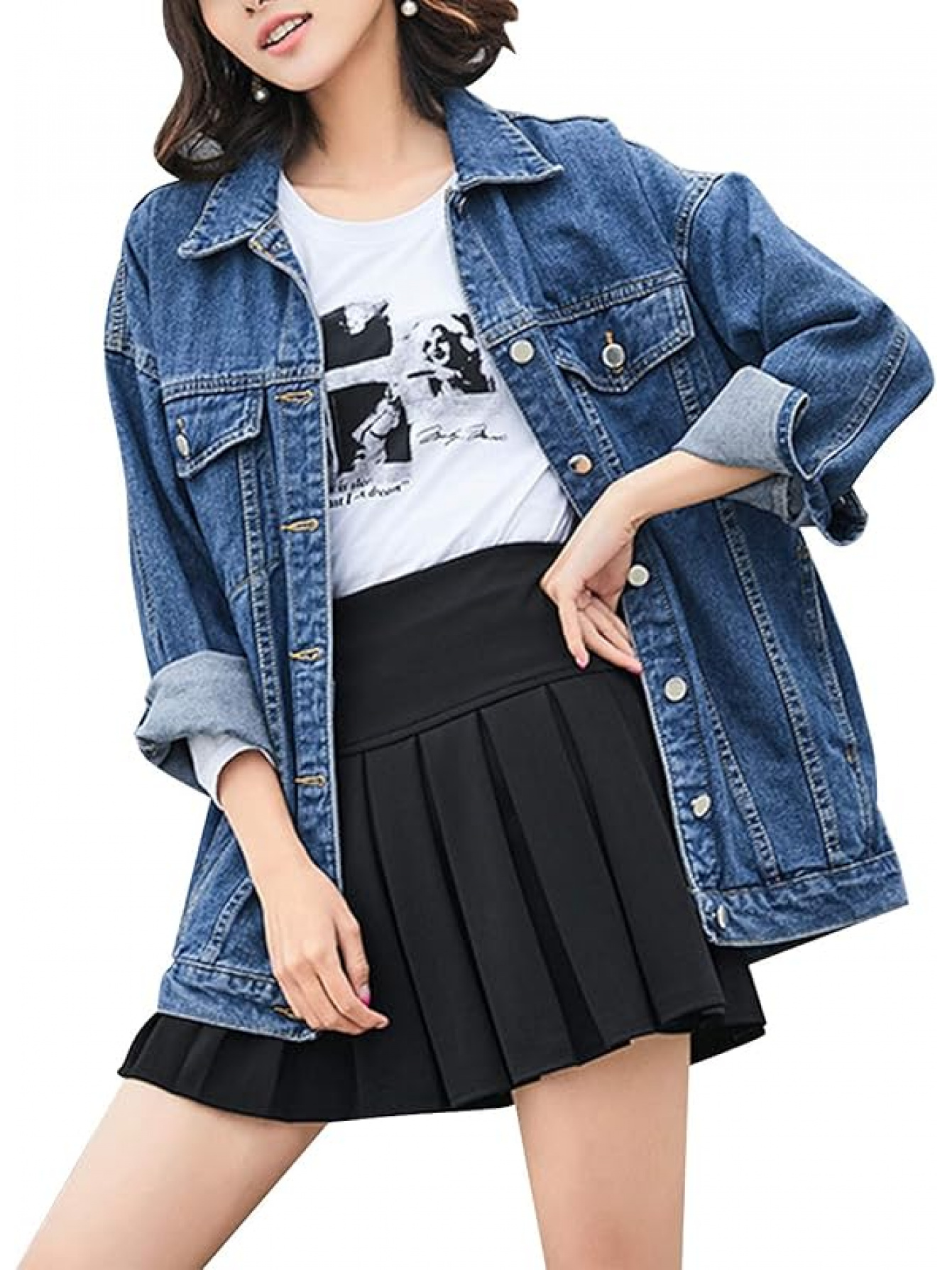 Omoone Women's Oversized Oversized Denim Jacket - Heavyweight Jean Biker Coat, Longline Jacket with Front Button Closure, Two Chest Pockets & Cuffs - Beige/ Brown/Black/Blue/Gray/ - Plus Size Friendly Casual Outerwear for Everyday & Formal Outfits - Spring/Fall Layering Essential - Image 5