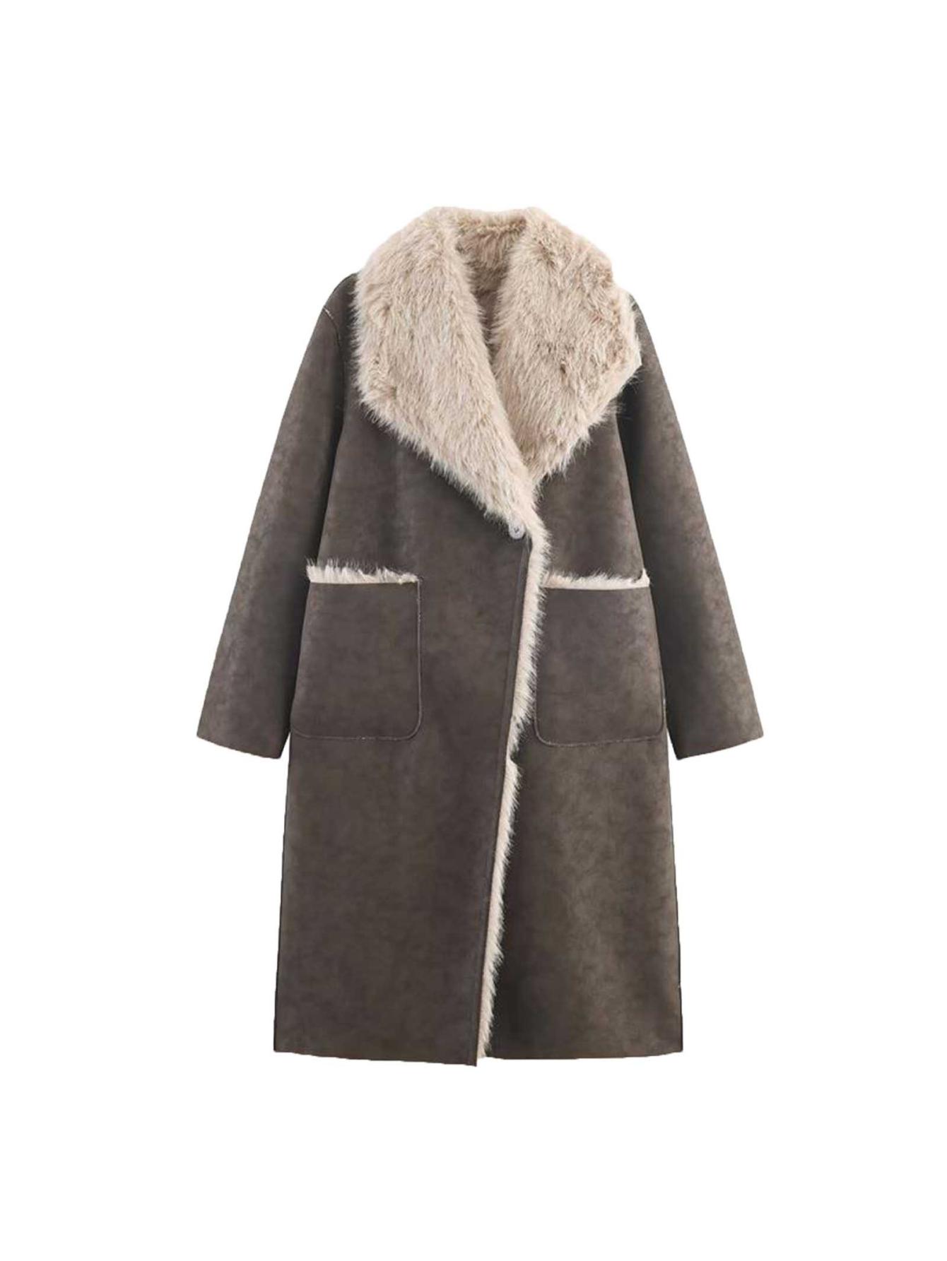 Women's Reversible Mid-Length Lapel Coat with Lapel Collar & Lapel Pocket - Long Sleeve Two-Way hailing Suitable for Fall/Winter, Machine Washable Outerwear (Black/Khaki) L M S - Image 3