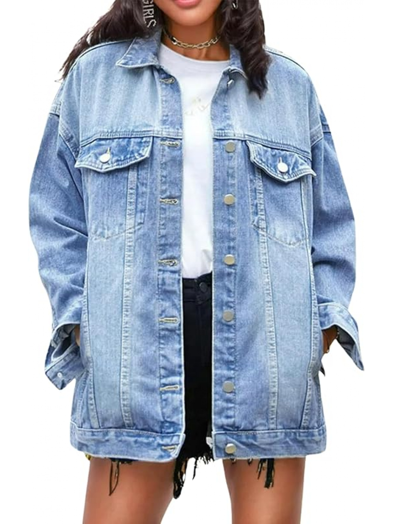 Omoone Women's Oversized Oversized Denim Jacket - Heavyweight Jean Biker Coat, Longline Jacket with Front Button Closure, Two Chest Pockets & Cuffs - Beige/ Brown/Black/Blue/Gray/ - Plus Size Friendly Casual Outerwear for Everyday & Formal Outfits - Spring/Fall Layering Essential - Image 6
