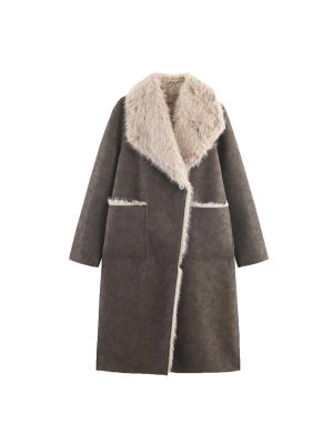 Women's Reversible Mid-Length Lapel Coat with Lapel Collar & Lapel Pocket - Long Sleeve Two-Way hailing Suitable for Fall/Winter, Machine Washable Outerwear (Black/Khaki) L M S