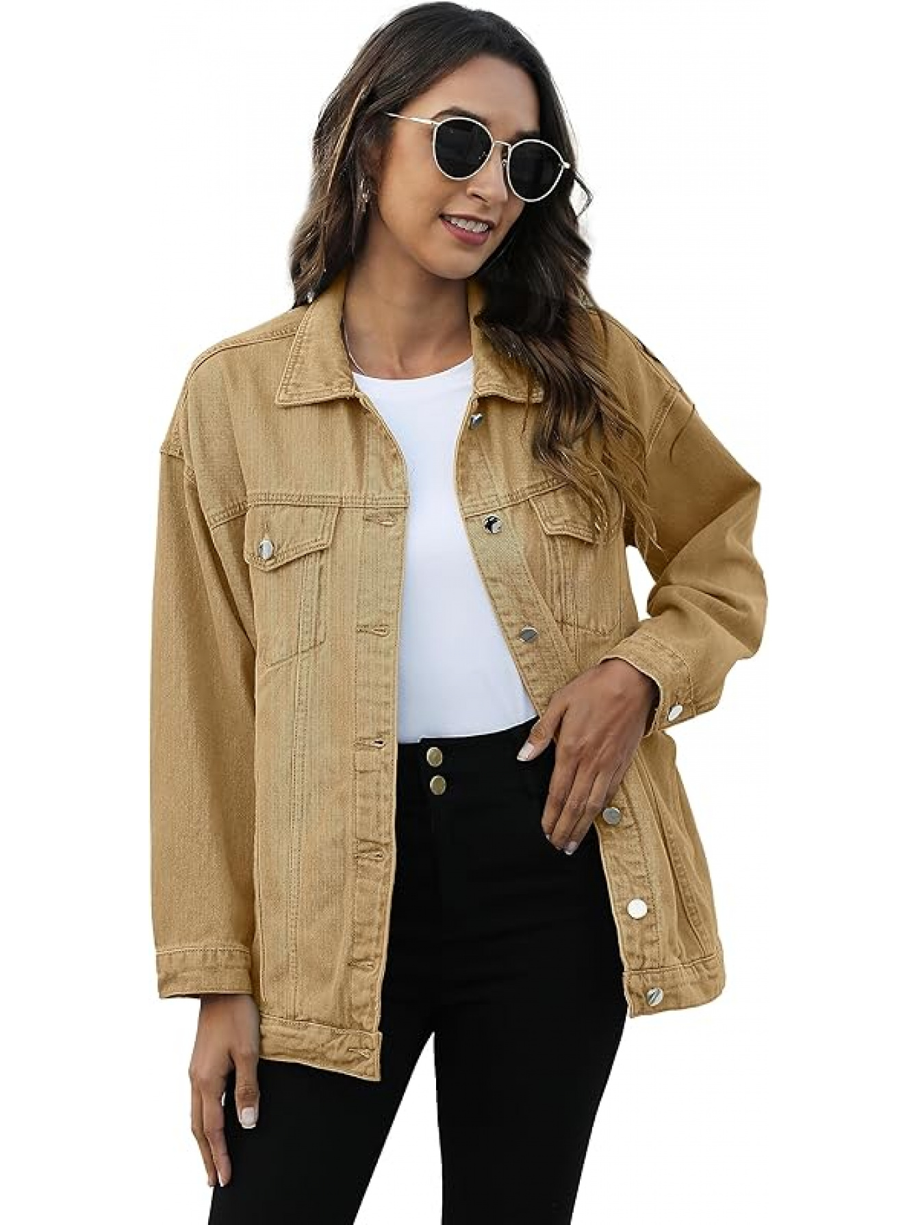 Omoone Women's Oversized Oversized Denim Jacket - Heavyweight Jean Biker Coat, Longline Jacket with Front Button Closure, Two Chest Pockets & Cuffs - Beige/ Brown/Black/Blue/Gray/ - Plus Size Friendly Casual Outerwear for Everyday & Formal Outfits - Spring/Fall Layering Essential